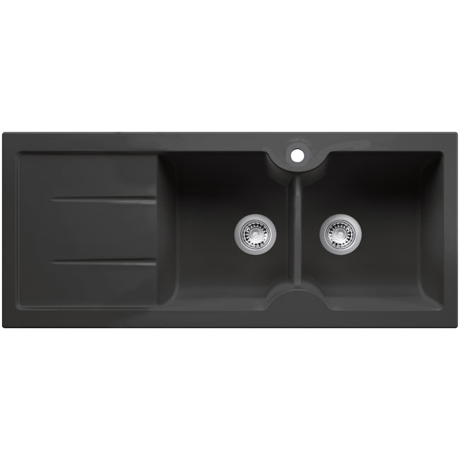 Turner Hastings Cuisine 116 x 50 Double Bowl Sink With Tap Hole Left Hand Drainer - Matte Black CUD116FS-LHD-MB - The Blue Space