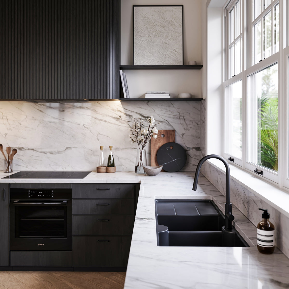 Lifestyle Turner Hastings Cuisine 116 x 50 Double Bowl Sink With Tap Hole Left Hand Drainer - Matte Black CUD116FS-LHD-MB - The Blue Space