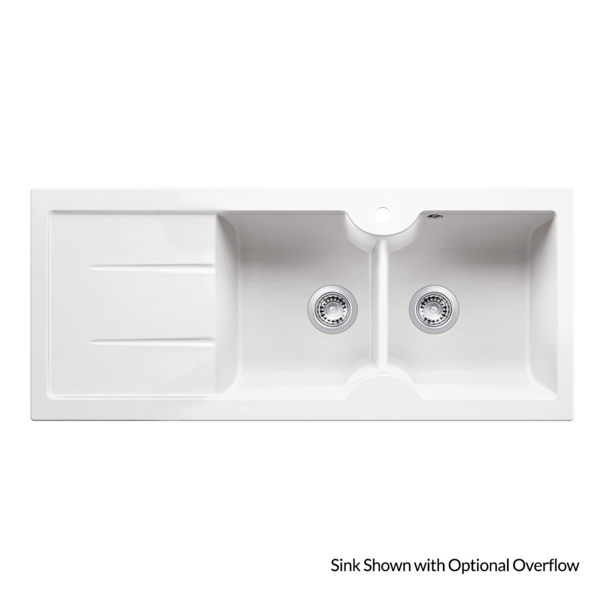 Turner Hastings Cuisine 116 x 50 Double Bowl Sink With Tap Hole Left Hand Drainer With Overflow - Gloss White CUD116FS-LHD-OF - The Blue Space