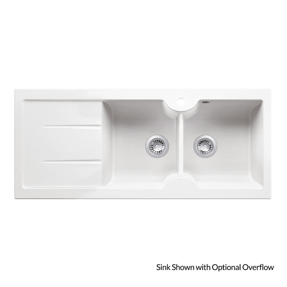 Turner Hastings Cuisine 116 x 50 Double Bowl Sink with Tap Hole - Left Hand Drainer with Overflow - Gloss White
