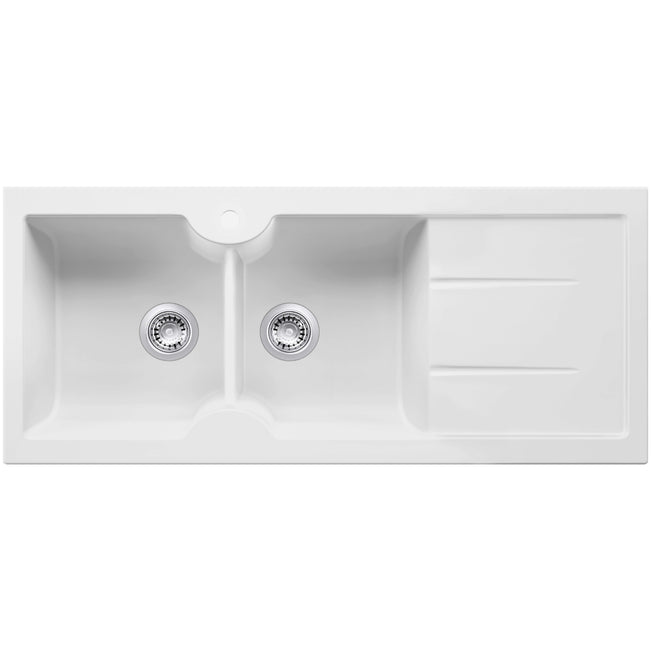 Turner Hastings Cuisine 116 x 50 Double Bowl Sink With Tap Hole Right Hand Drainer - Matte White CUD1163FS-RHD-MW - The Blue Space