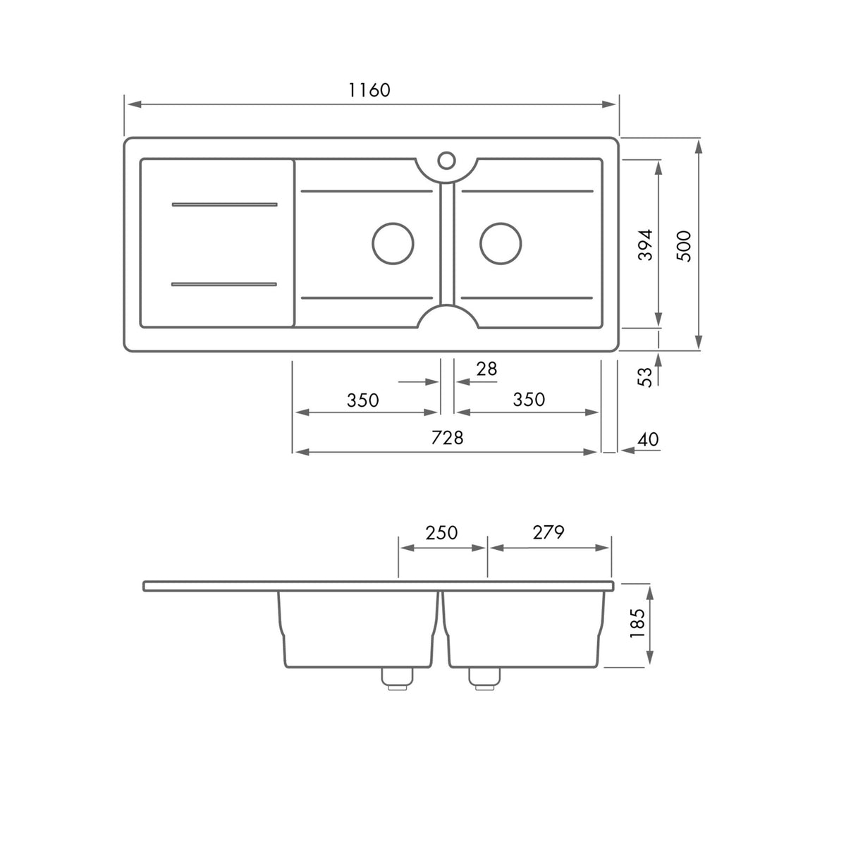 Technical Drawing Turner Hastings Cuisine 116 x 50 Double Bowl Sink With Tap Hole Right Hand Drainer - Matte White CUD1163FS-RHD-MW - The Blue Space