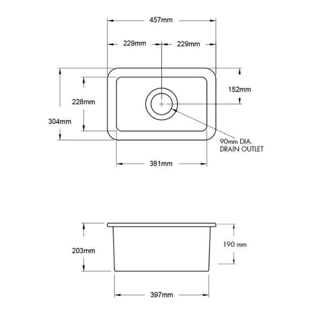 Technical Drawing Turner Hastings Cuisine 30 x 46 Inset / Undermount Fine Fireclay Matte White Sink CU303FS-MW - The Blue Space