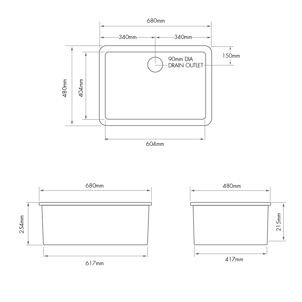 Technical Drawing Turner Hastings Cuisine 68 x 48 Inset/Undermount Fine Fireclay Sink CU68FS - The Blue Space