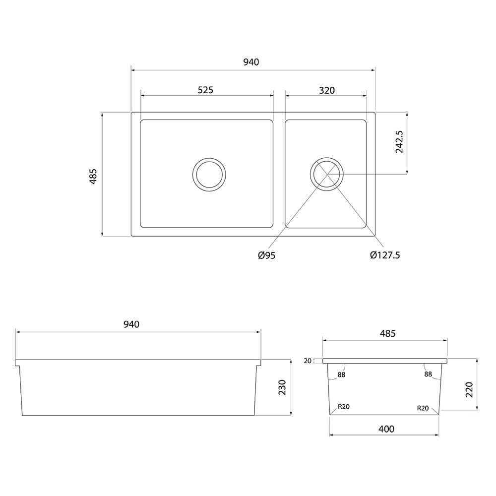 Technical Drawing Turner Hastings Cuisine 93 x 48 One and a Half Bowl Inset / Undermount Fine Fireclay Matte Black Sink With Overflow CUD93FS-MB-OF - The Blue Space