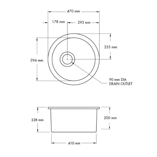 Technical Drawing Turner Hastings Cuisine Round 47 Inset / Undermount Fine Fireclay Matte White Sink CUR473FS-MW - The Blue Space
