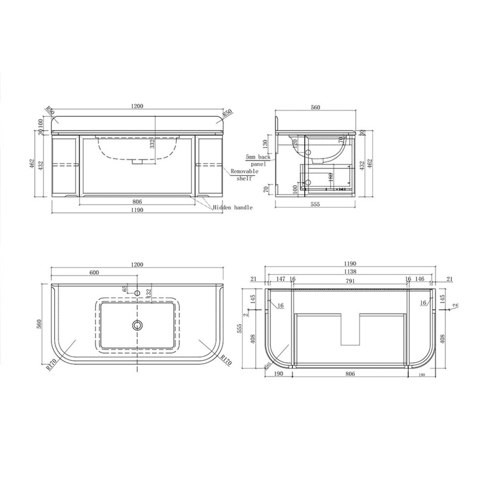Turner Hastings Evara 120 x 53 Wall Hung Vanity with Real Marble Top & Under Counter Basin - Aegean Blue