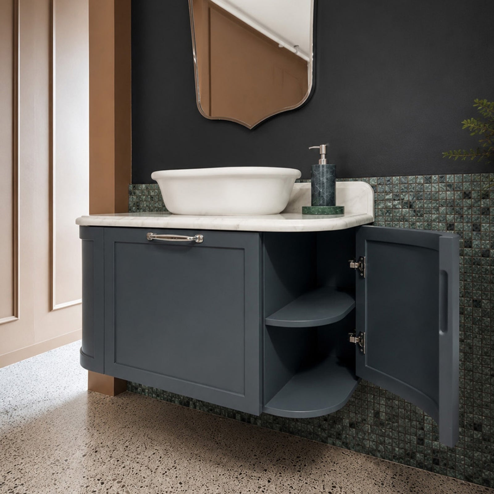 Lifestyle 2 Turner Hastings Evara 75 x 53 Wall Hung Vanity with Real Marble Top & Above Counter Basin - Aegean Blue EV755-AB-NTH - The Blue Space