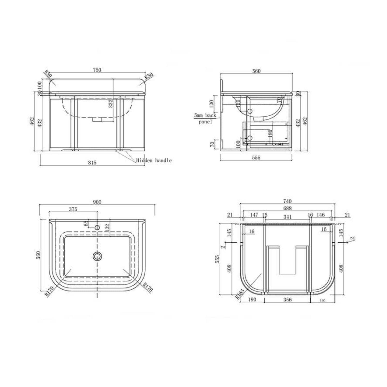 Spec Sheet Turner Hastings Evara 75 x 53 Wall Hung Vanity with Real Marble Top & Under Counter Basin - Aegean Blue EV752-AB-1TH - The Blue Space
