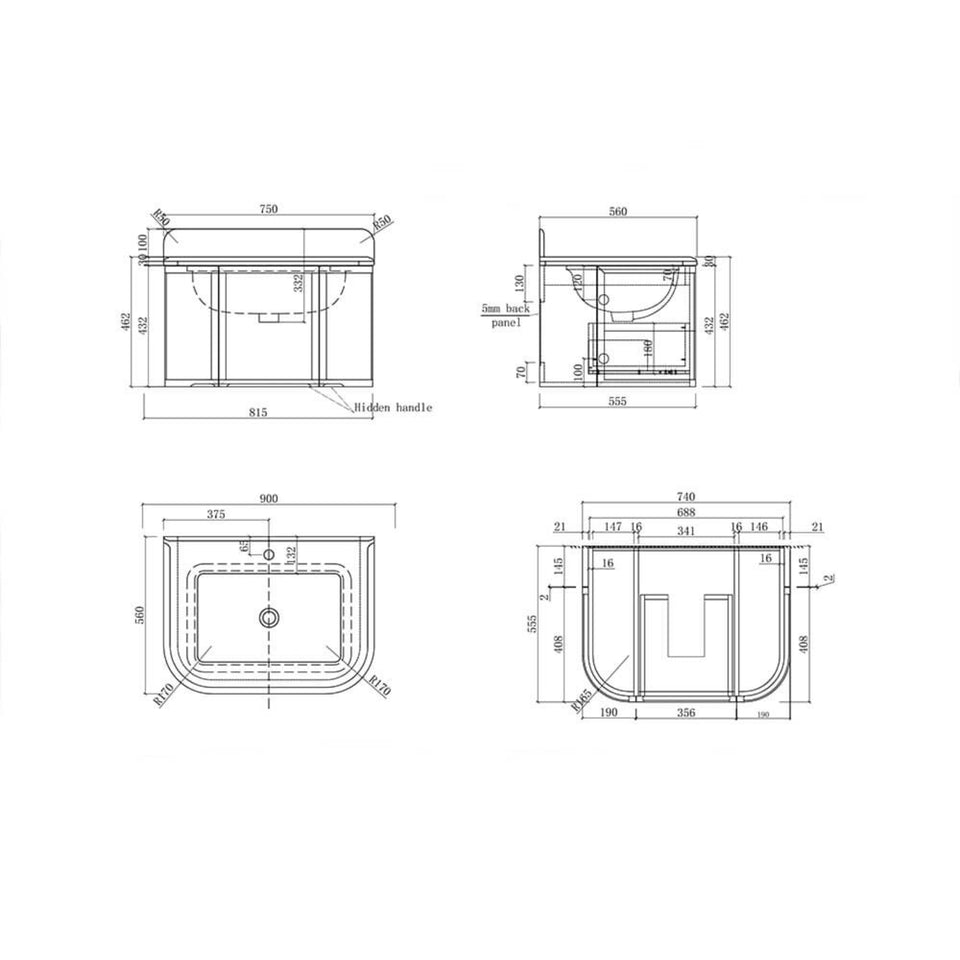 Turner Hastings Evara 75 x 53 Wall Hung Vanity with Real Marble Top & Under Counter Basin - Volcanic Ash