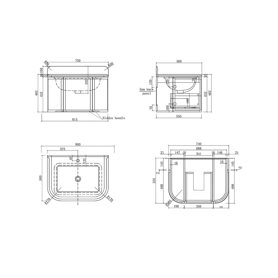 Turner Hastings Evara 75 x 53 Wall Hung Vanity with Real Marble Top & Under Counter Basin - White