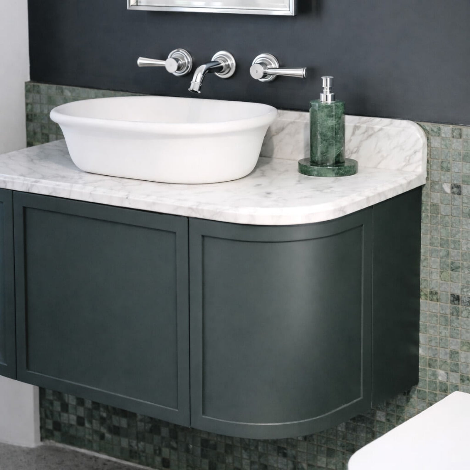 Lifestyle 2 Turner Hastings Evara 90 x 53 Wall Hung Vanity with Real Marble Top & Above Counter Basin - Aegean Blue EV955-AB-NTH - The Blue Space