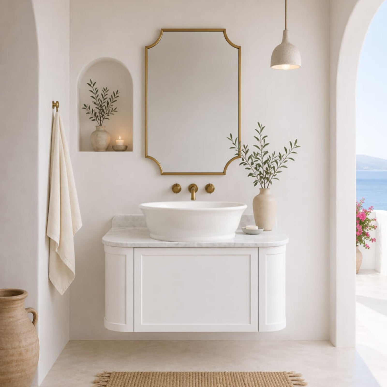 Lifestyle Turner Hastings Evara 90 x 53 Wall Hung Vanity with Real Marble Top & Above Counter Basin - White EV953-WH-NTH - The Blue Space