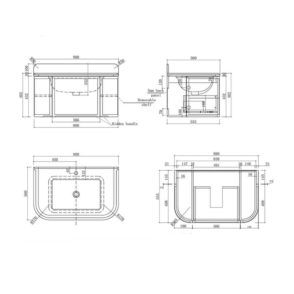 Turner Hastings Evara 90 x 53 Wall Hung Vanity with Real Marble Top & Under Counter Basin - Aegean Blue