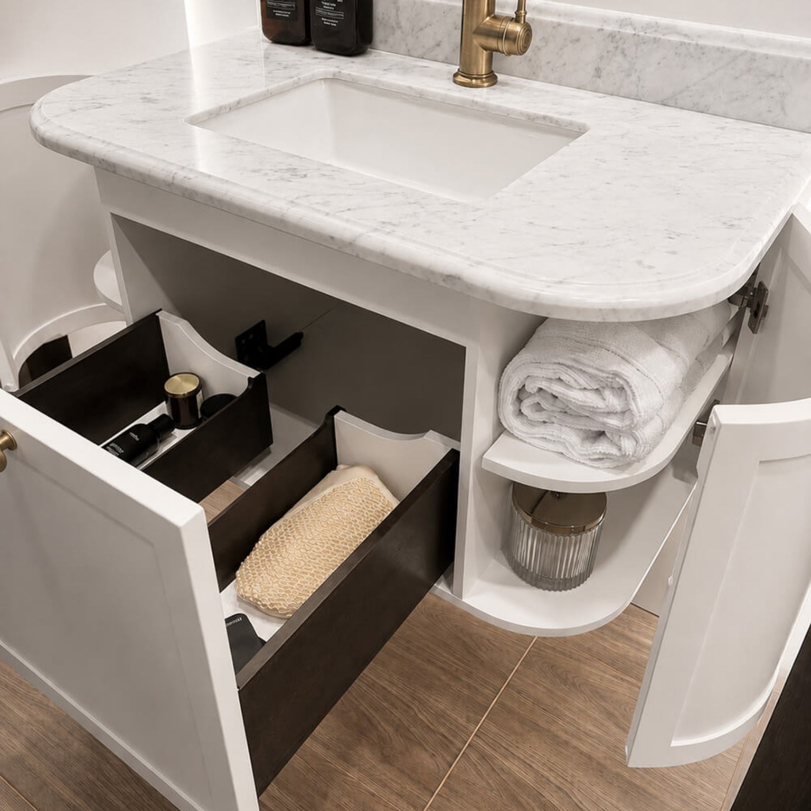 Open Drawer Turner Hastings Evara 90 x 53 Wall Hung Vanity with Real Marble Top & Under Counter Basin - White EV950-WH-NTH - The Blue Space