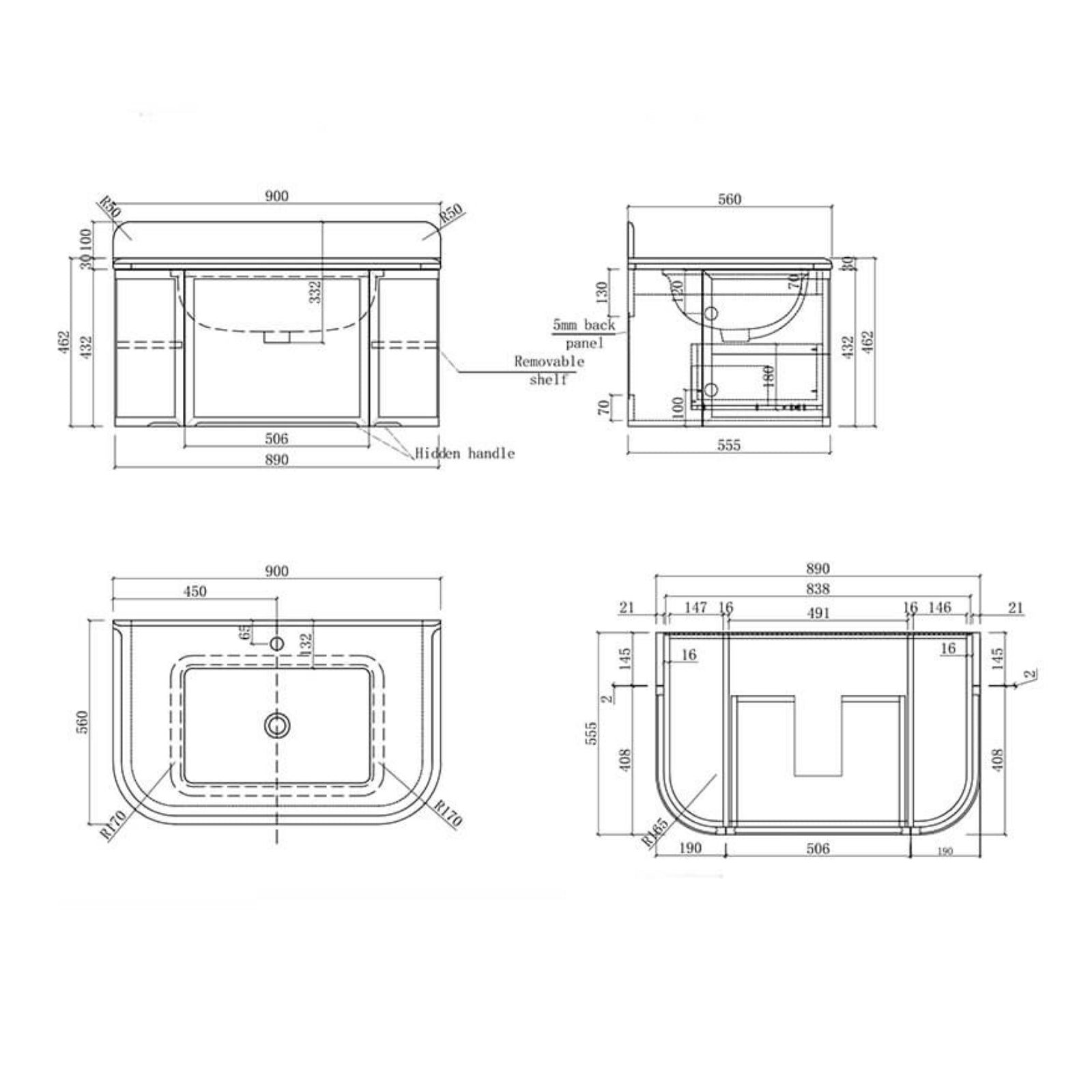 Spec Sheet Turner Hastings Evara 90 x 53 Wall Hung Vanity with Real Marble Top & Under Counter Basin - White EV950-WH-NTH - The Blue Space