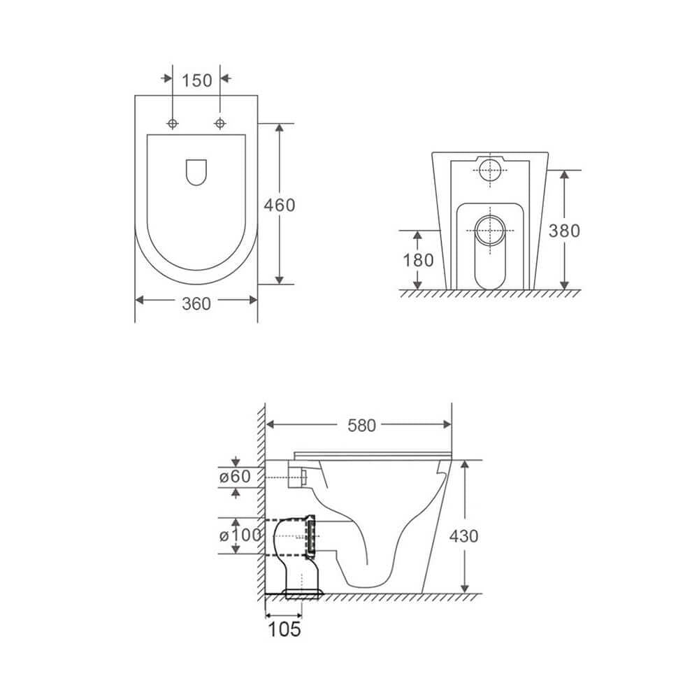 Technical Drawing Turner Hastings Fino WhisperFlush Matte White Floor Pan with Thin Seat FT503FP-MW-N - The Blue Space