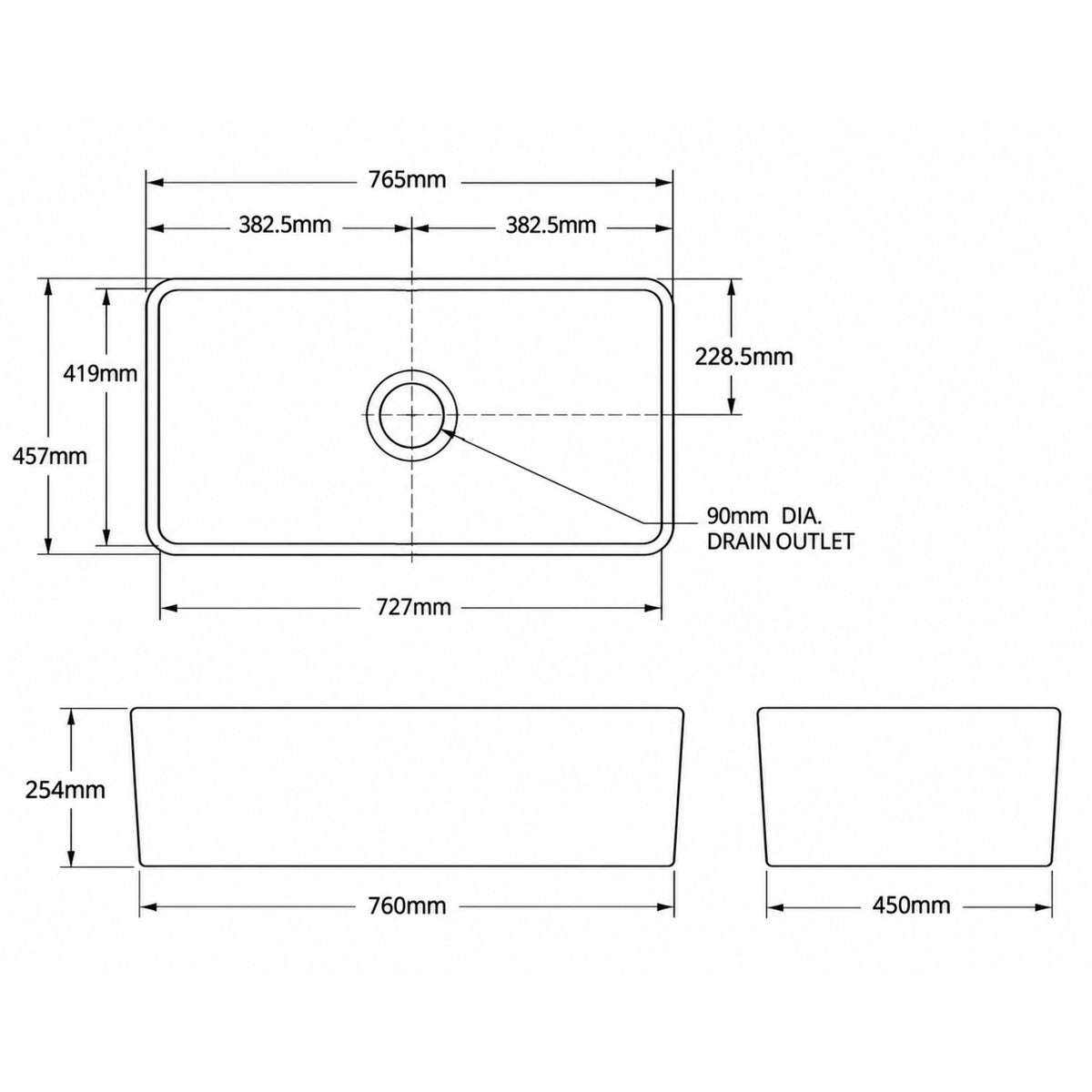 Line Drawing Turner Hastings Novi 75 x 46 Fireclay Single Butler Sink, Universal Flat or Ribbed NO753FS-MW - The Blue Space