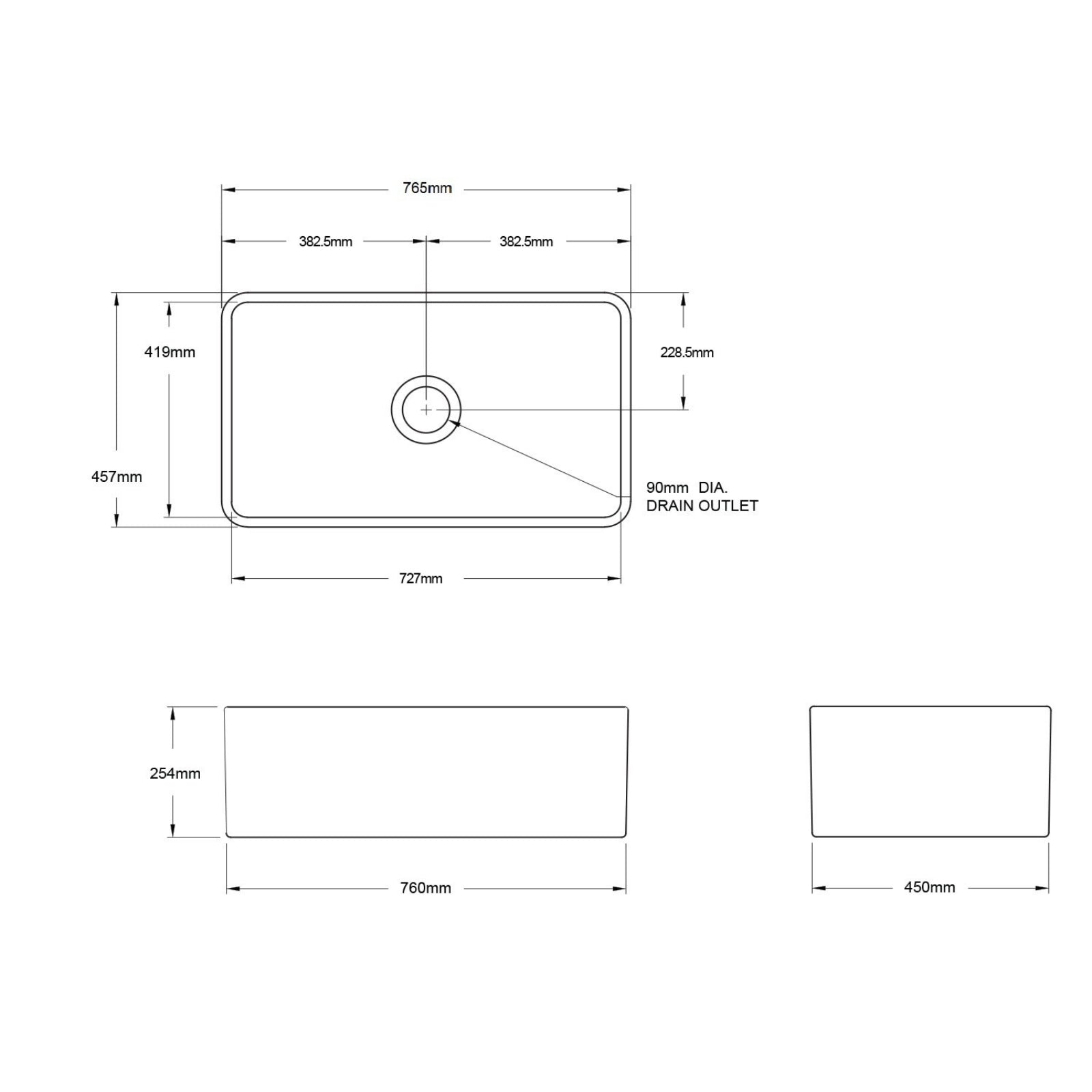 Technical Drawing Turner Hastings Novi 75 x 46 Fireclay Single Butler Sink, Universal Flat or Ribbed - The Blue Space