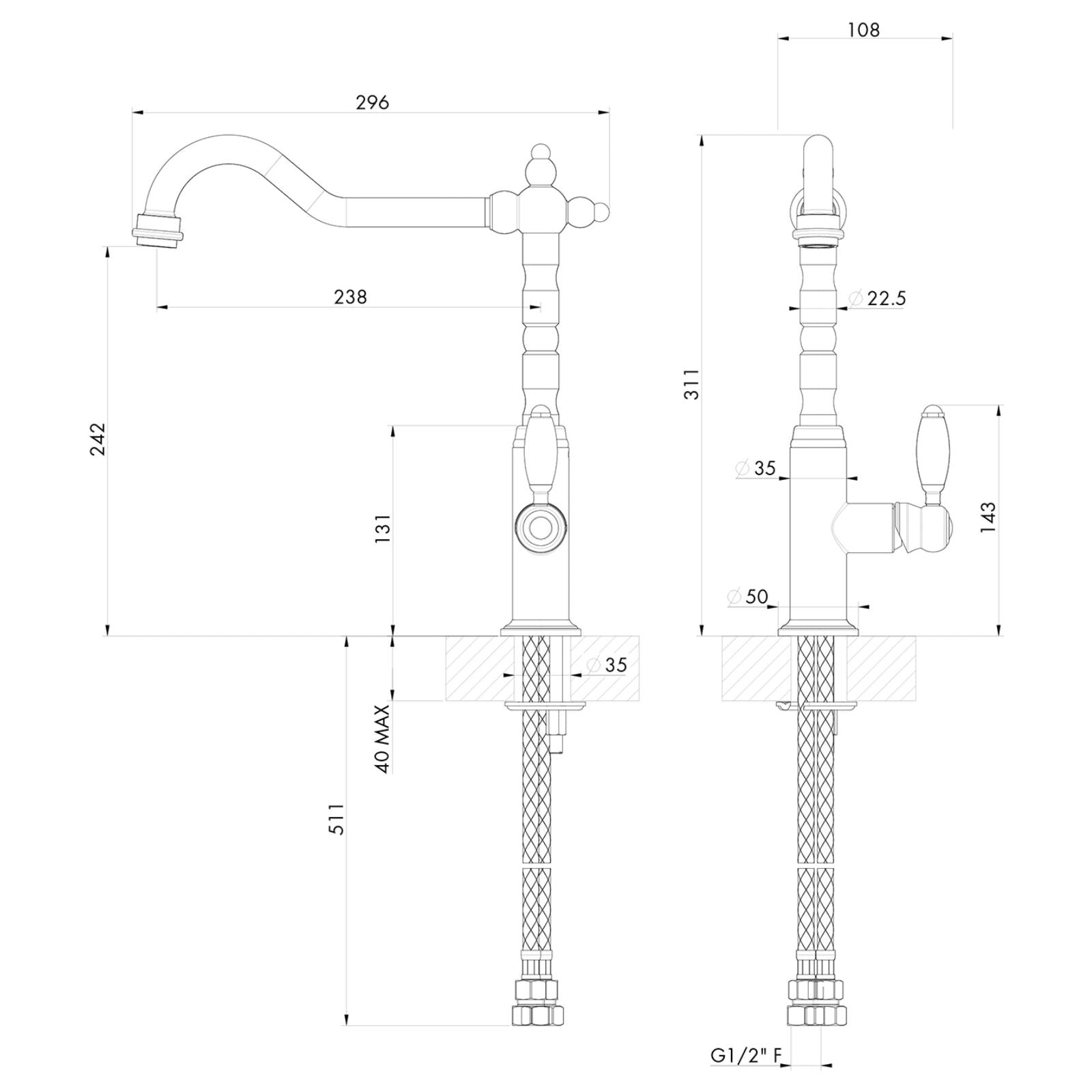 Technical Drawing Turner Hastings Providence Single Mixer Tap - Matte Black PR407SM-MB - The Blue Space