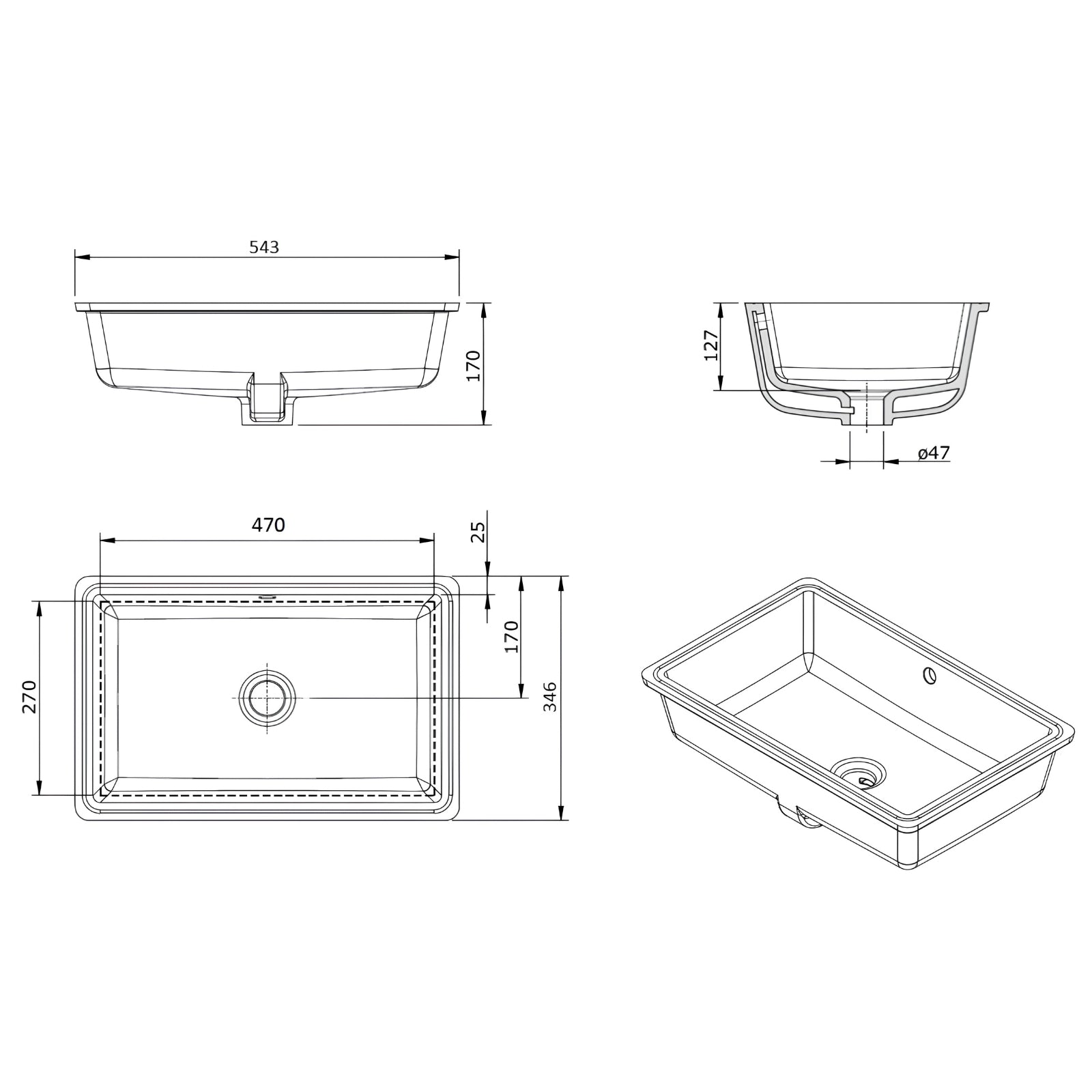 Technical Drawing Turner Hastings Standard Agres 53x34 Under Counter Basin - Matte White 118373-MW - The Blue Space