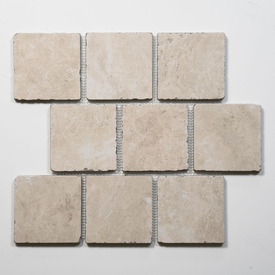 Valerie Cream Travertine Brick Bond Cobblestone Porcelain Tile Sheets