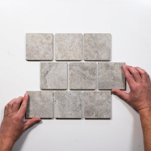 Valerie Grey Travertine Brick Bond Cobblestone Porcelain Tile Sheets
