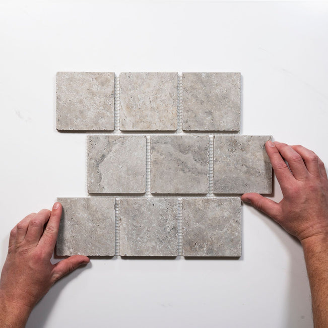 Valerie Grey Travertine Brick Bond Cobblestone Porcelain Tile Sheets TRVPETGCOBBB - The Blue Space