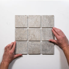 With Hand Valerie Grey Travertine Straight Bond Cobblestone Porcelain Tile Sheets TRVPETGCOBST - The Blue Space