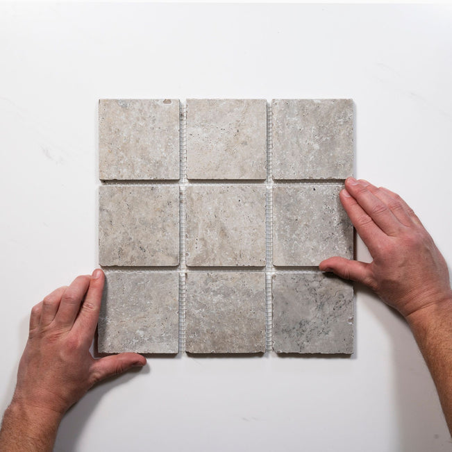 With Hand Valerie Grey Travertine Straight Bond Cobblestone Porcelain Tile Sheets TRVPETGCOBST - The Blue Space