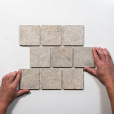With Hand Valerie Ivory Travertine Brick Bond Cobblestone Porcelain Tile Sheets TRVBITGCOBBB - The Blue Space