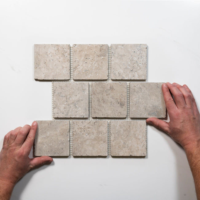 With Hand Valerie Ivory Travertine Brick Bond Cobblestone Porcelain Tile Sheets TRVBITGCOBBB - The Blue Space