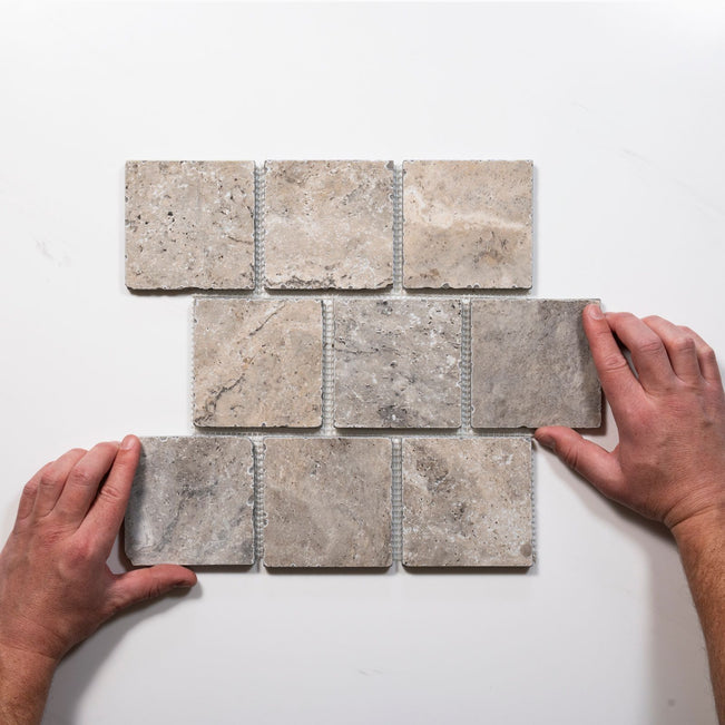 Valerie Rustic Travertine Brick Bond Cobblestone Porcelain Tile Sheets TRVSTTGCOBBB - The Blue Space