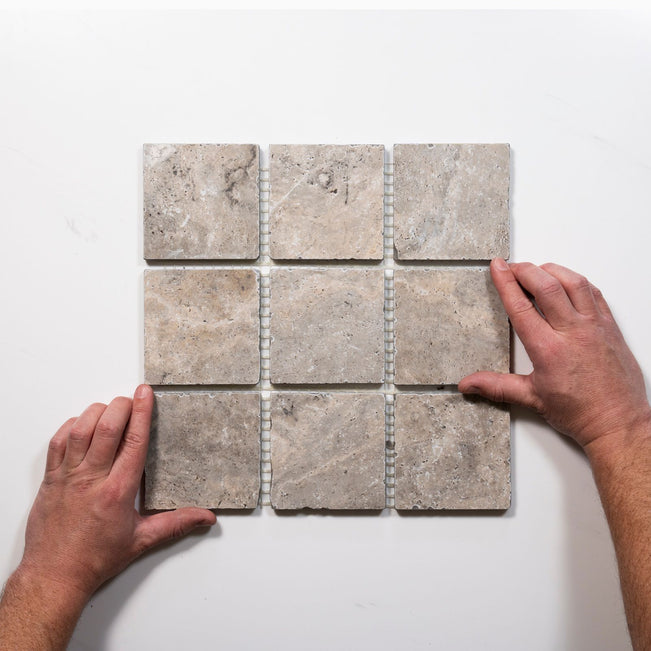 With Hand Valerie Rustic Travertine Straight Bond Cobblestone Porcelain Tile Sheets TRVSTTGCOBST - The Blue Space