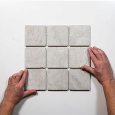With Hand Valerie Silver Travertine Straight Bond Cobblestone Porcelain Tile Sheets TRVICTGCOBST - The Blue Space
