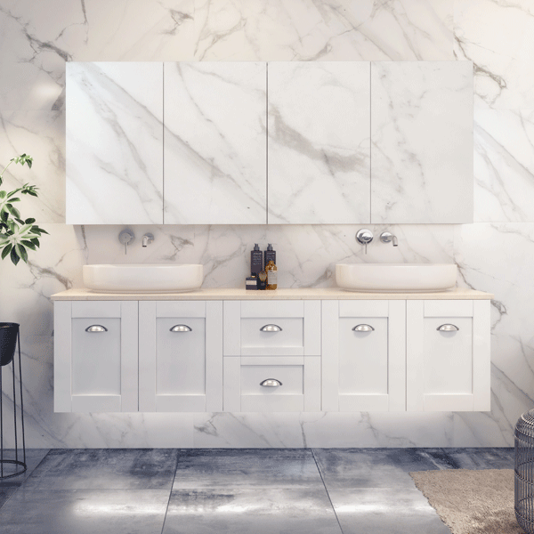 Timberline Victoria Style Wall Hung Vanity 1800mm wide. White, shaker door, chrome cup handles, double basins, marble tiles.