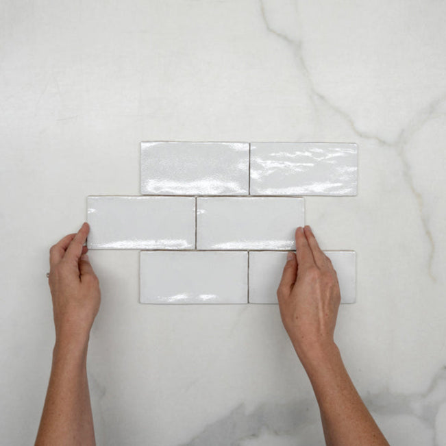 Pattern With Hand White Dianna Hand Made Subway Look Spanish Ceramic Tile 75 x 150 x 9mm - The Blue Space