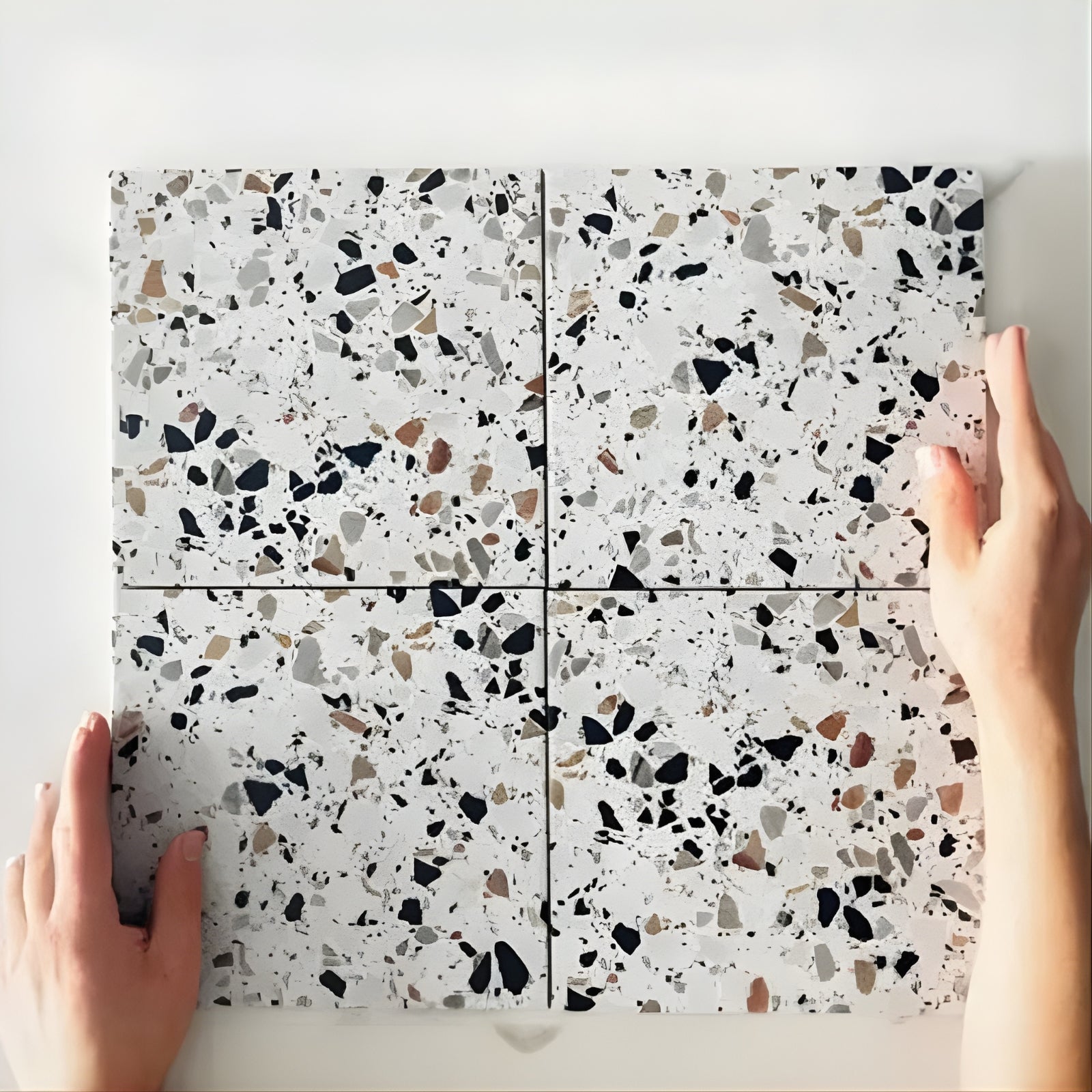 Pattern with Hand White Theo Terrazzo Tile Matt 200 x 200mm Porcelain 22FRABIMAC - The Blue Space