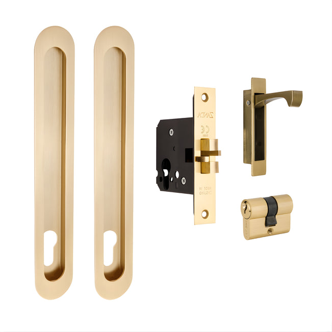 Zanda Duke Sliding Door Euro Lock Kit 250 x 40mm Satin Brass 1185.SB - The Blue Space