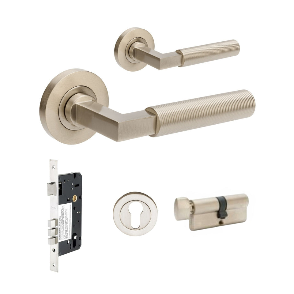 Zanda Zurich Fluted 70mm Key/Turn Entrance Lever Set Brushed Nickel