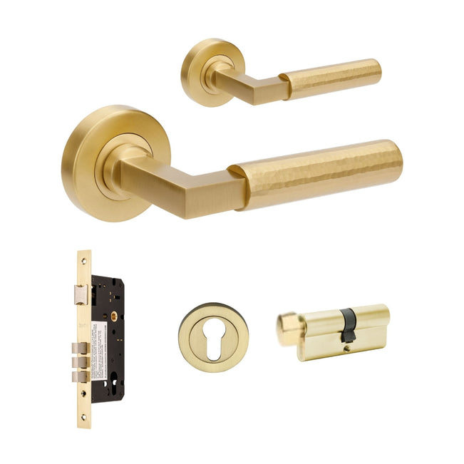 Set Zanda Zurich Hammered 70mm Key/Turn Entrance Lever Set Satin Brass  9335.E4.SB - The Blue Space
