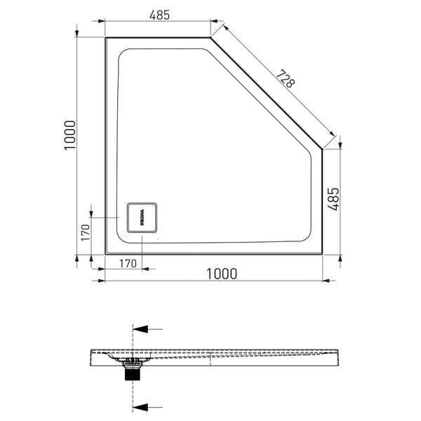 Decina Luna 1000 Angled Shower Base Technical Drawing - The Blue Space