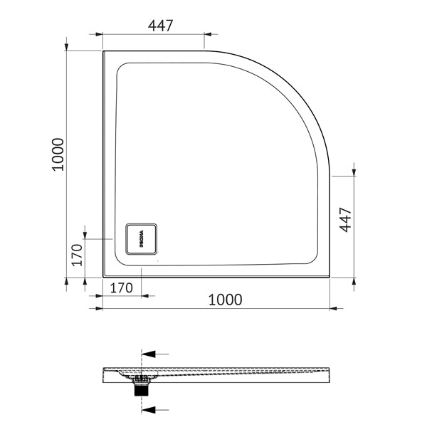 Decina Luna 1000 Curved Shower Base Technical Drawing - The Blue Space 