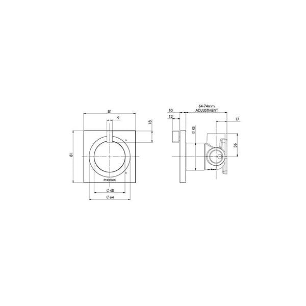 Technical Drawing - Phoenix Ortho Shower Wall Mixer - Brushed Nickel