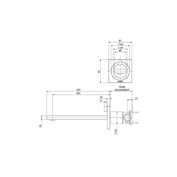 Technical Drawing - Phoenix Ortho Wall Basin/Bath Mixer Set 200mm - Chrome