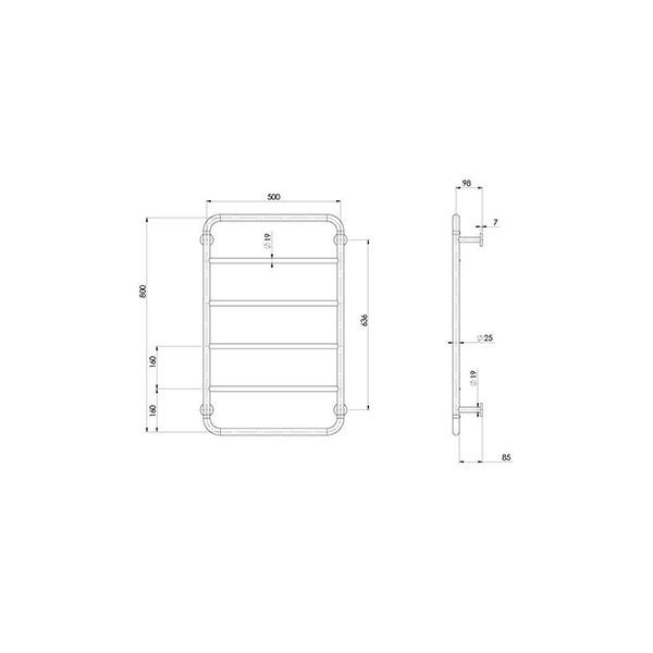 Phoenix Vivid Slimline Towel Ladder 800 x 500mm Matte Black Technical Drawing - The Blue Space