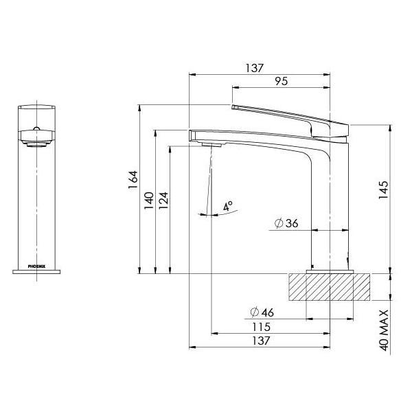 Phoenix Mekko Basin Mixer - Brushed Nickel technical drawings