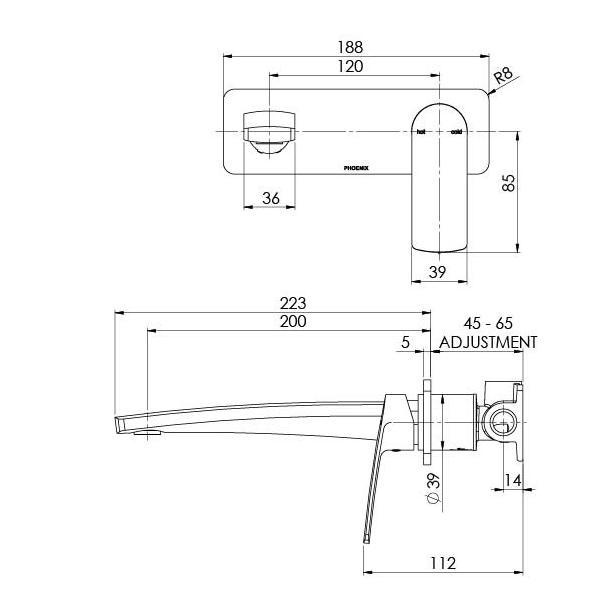 Technical Drawing - Phoenix Mekko Wall Basin/Bath Mixer Set 200mm - Brushed Nickel - The Blue Space