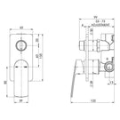 Technical Drawing - Phoenix Mekko Shower/Bath Mixer With Diverter - Brushed Nickel - The Blue Space