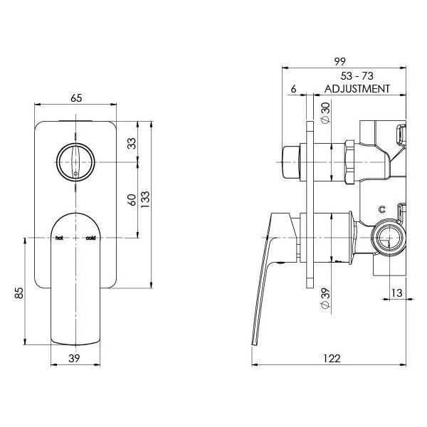 Technical Drawing - Phoenix Mekko Shower/Bath Mixer With Diverter - Brushed Nickel - The Blue Space